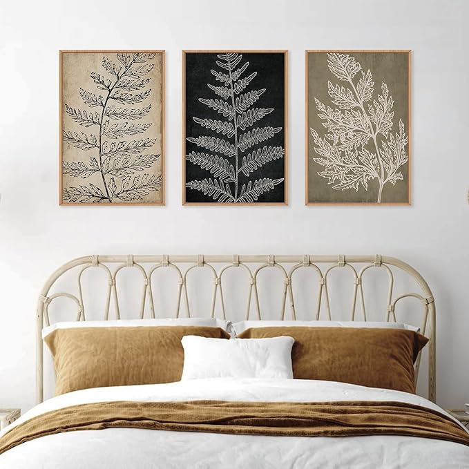 KAIRNE Farmhouse Botanical Wall Art Set of 3, Framed Fern Leaf Prints for Home Decor, Living Room Bedroom, Rustic Black Tan Minimalist Plant Painting, 16x24 Inch