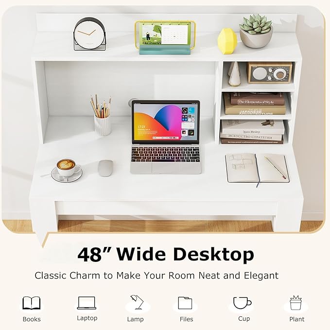 Tangkula 48“ Computer Desk with Hutch, Home Office Writing Study Desk with Storage Shelves, Cable Management Hole, Laptop Desk, Desk for Bedroom, Computer Workstation (White)