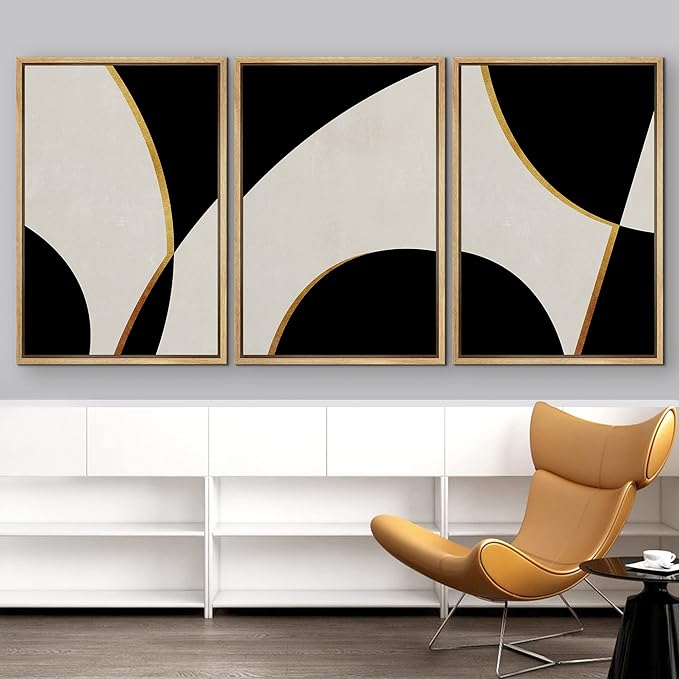 IDEA4WALL Framed Canvas Print Wall Art Set Art Deco Mid-Century Black Gold Polygons Abstract Shapes Illustrations Modern Art Contemporary for Living Room, Bedroom, Office - 16"x24"x3 Natural