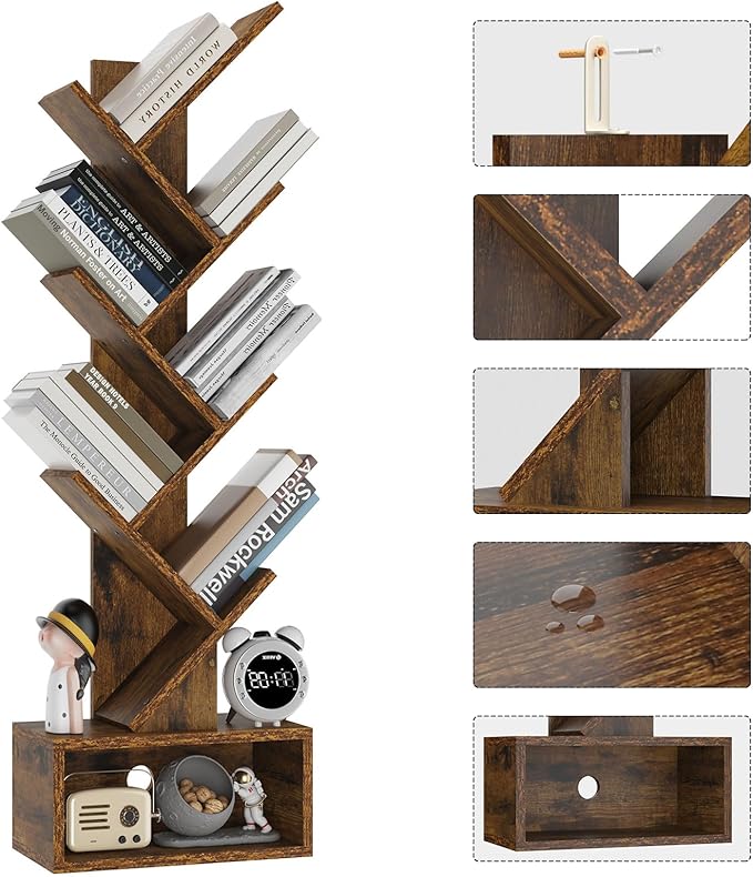 YMYNY 6 Tier Tree Bookshelf, Tall Bookcase, Wood Book Storage Rack with Drawer, Modern Floor Standing Book Shelf for Books/Movies/CDs, Utility Organizer for Living Room, Office, Rustic Brown UHBC016H
