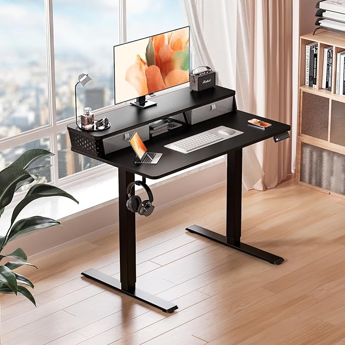 Kingant 35 x 20 Inch Small Electric Standing Desk with Dual Drawers, Height Adjustable Sit to Stand Computer Desk with Storage Shelf and C-Clamp Mount Compatibility for Home Office, Black