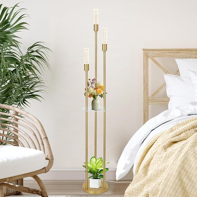 Modern Gold Floor Lamps for Living Room, Bubble Crystal Floor Lamp with Shelves, Built-in LED Lights, Brass Standing Lamps with Foot Switch, Corner Tall Floor Lamp for Bedroom, House Decor
