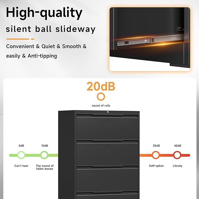 Bestoo 4-Drawer Lateral File Cabinet with Lock, Metal Filing Cabinet for Home Office, Lateral Filing Storage Cabinets, Fits File Folders, Letter/Legal/F4/A4 Sizes, Assembly Required (Black)