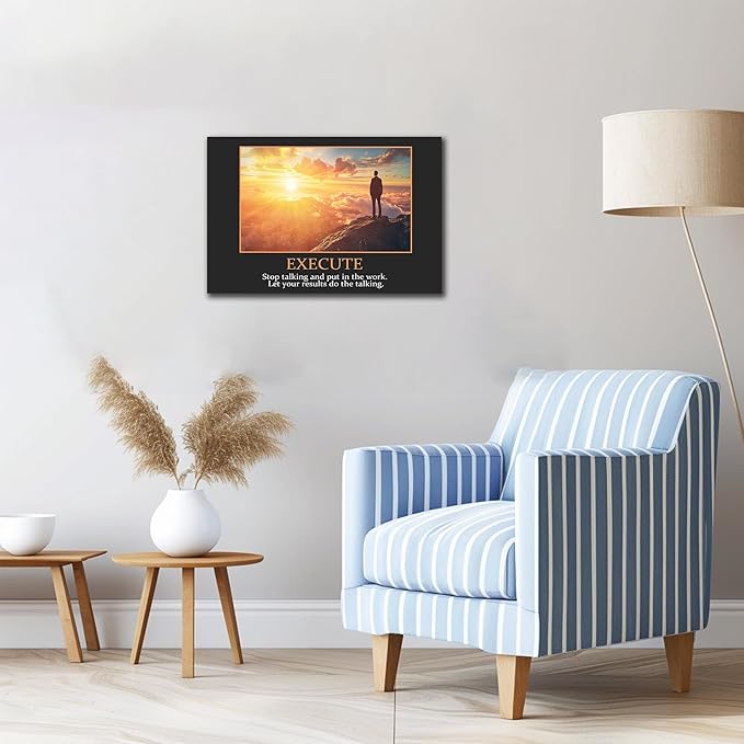 UZMKM - Inspirational Canvas Wall Art, EXECUTE Mindset Quotes Picture Prints, Success Framed Company Watching Sunrise Poster, Positive Quotes Wall Painting for Home Office Workplace 18x24 Inch