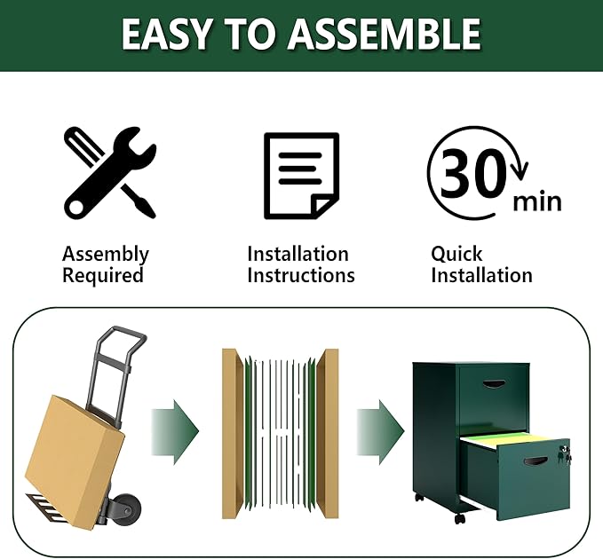2 Drawer File Cabinet with Lock, Small Rolling Filing Cabinet for Home Office, Metal Mobile File Cabinets on Wheels, Under Desk Office Cabinets for Letter Size Folders - Assembly Required