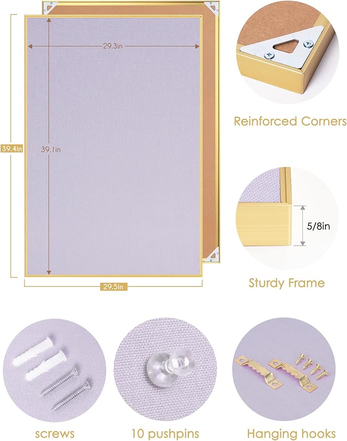 Bulletin Board 40 x 30 inches, Light Lavender Pin Board, Golden Aluminum Framed Fabric Cork Board with 10 Push Pins