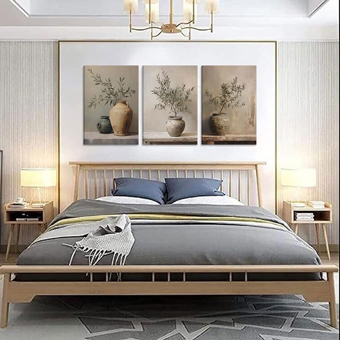 3Pcs Framed Vintage Vase Canvas Wall Art Green Rustic Olive Branch Wall Decor Pictures Antique Still Life Plant Posters Paintings Prints for Bedroom Living Room Kitchen Artwork Home Decoration
