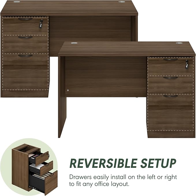 Furinno Roger 47 Inch Executive Desk with File Cabinet, Home Office Desk with 3-Drawer Fixed Pedestal Filing Cabinet, Desk Cord Grommet, for Home Office, Modern Walnut