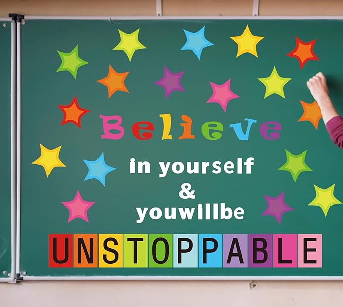 54 Pcs Believe in Yourself Bulletin Board Decorations Stylish Star Inspirational Quotes Bulletin Cutouts Wall Decals with Glue Point Dots for School Classroom Home Teacher Supplies