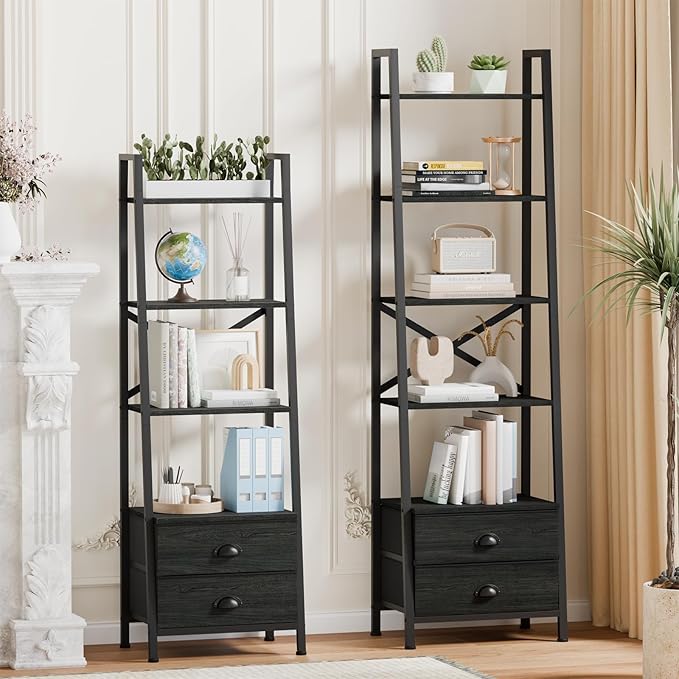 Furologee 4-Tier Ladder Shelf,Small Bookshelf with 2 Drawers,Vertical Bookcase Storage Rack Organizer,Display Bookshelves for Living Room,Bedroom,Bathroom,Home Office,Kitchen,Black Oak