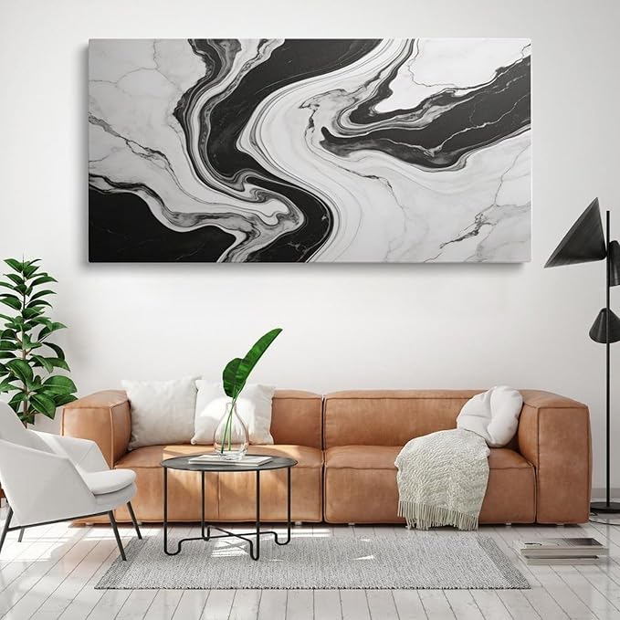 Black White Abstract Marble Framed Canvas Wall Art for Living Room, Modern Wall Decor 24" L x 12" W