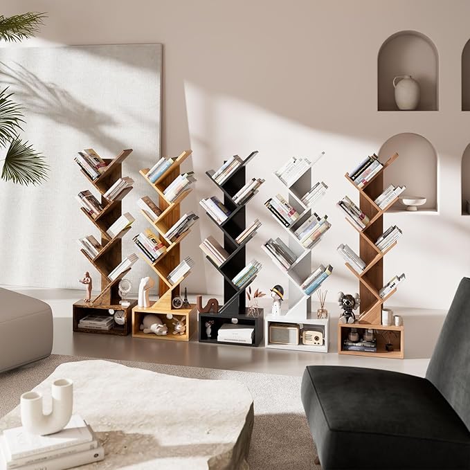 YMYNY 6 Tier Tree Bookshelf, Tall Bookcase, Wood Book Storage Rack with Drawer, Modern Floor Standing Book Shelf for Books/Movies/CDs, Utility Organizer for Living Room,Light Oak UHBC016K