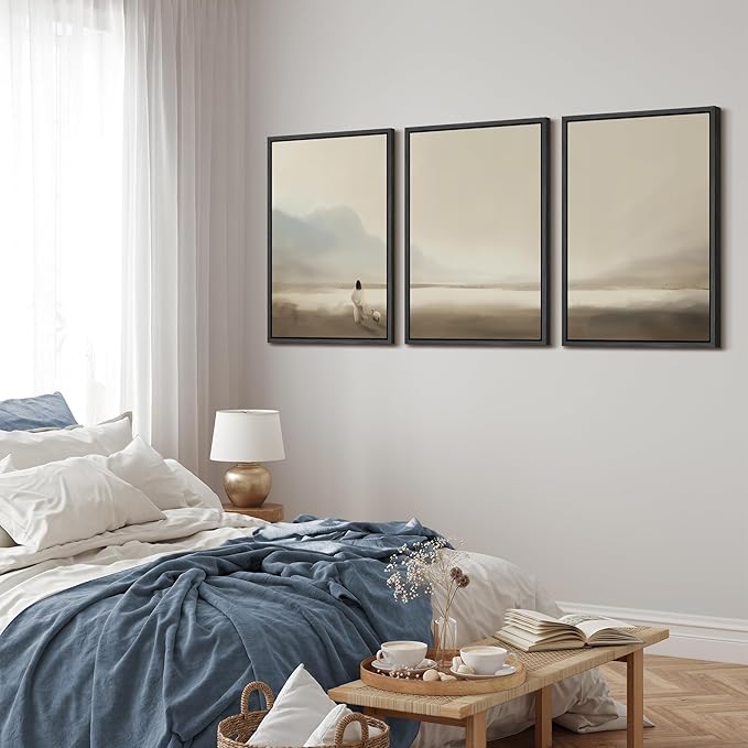 MUDECOR Framed Wall Art Print Set Serene Coastal Landscape Minimalist Illustrations Modern Art Boho Decorative Colorful Chic for Living Room, Bedroom, Office - 24"x36"x3 Black