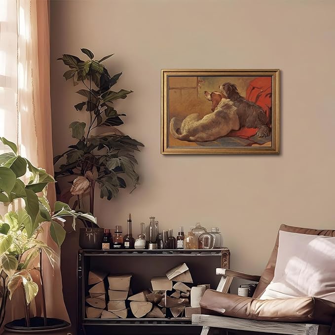 Gold Framed Wall Art Vintage Canvas Wall Art Hound and Bearded Collie Seated on a Hunting Coat Artwork Prints Picture for Living Room Bedroom Farmhouse Bathroom Office Decor, 16x24