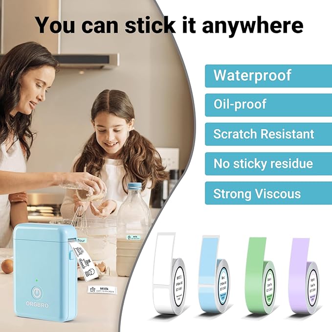 ORGBRO Label Maker Machine with Tape, X1 Portable Bluetooth Label Printer for Home Office Organization, Support Pre-Cut & Continuous Labels, Inkless Thermal Small Labeler for School Kitchen, Blue