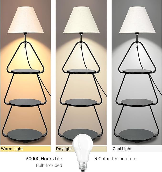 Floor Lamp with Small Round Side Table, 3-Tier Circular End Table with Storage Shelf, Round Corner Coffee Desk Nightstand for Living Room Bedroom Small Spaces, Black