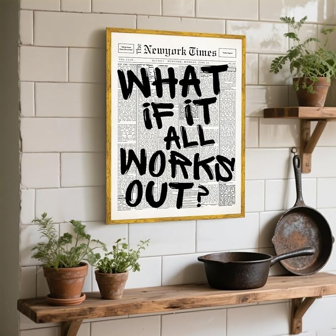 What If It All Works Out Wall Art Retro Black and White Newspaper Motivational Poster Positive Affirming Quote Minimalist Canvas Print for Bedroom Living Room Home Decor 8x12inch Golden Framed