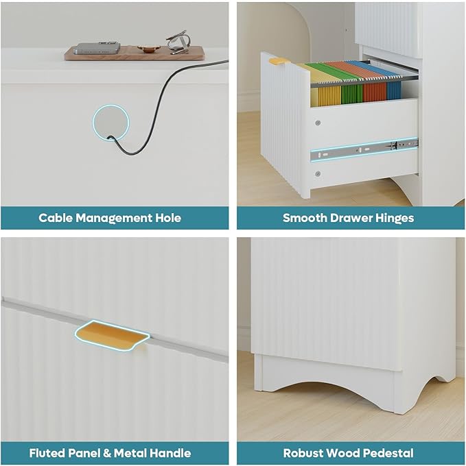 Bestier L Shaped Desk with File Drawer, 55.7" x 55" Office Computer Desk with Round Corners, Modern Desk with Monitor Stand & Fluted Panels for Home Office, White