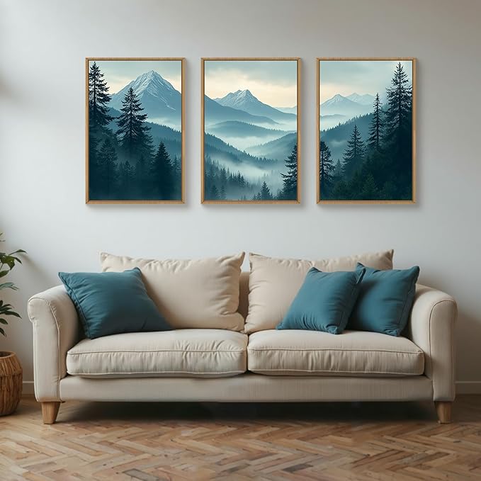 Large Misty Mountain Forest Framed Canvas Wall Art,Nature Pine Tree Wall Decor,Foggy Snow Woodland Painting,Watercolor Scenery Artwork for Living Room,Bedroom,Dining Room,Office -24"x36"x3