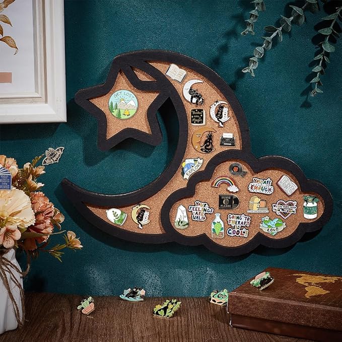 BENECREAT Cloud Moon Pin Board Cork Board, 12.4x10inch Star Bulletin Display Board Wall Mounted Board with Black Frame for Brooch Pin Storage Display, Office Home School Decor