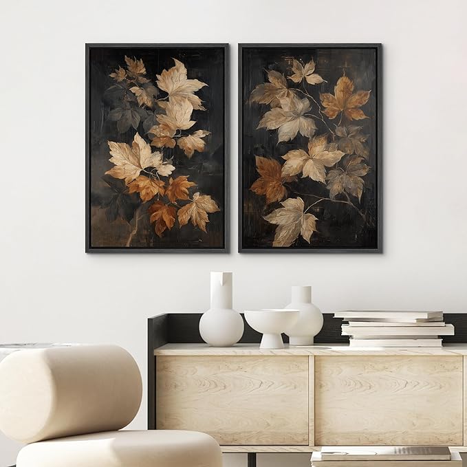 SIGNWIN Framed Canvas Print Wall Art Set Golden Brown Botanical Leaves Vintage Nature Illustrations Modern Art Minimal Boho Relax/Calm for Living Room, Bedroom, Office - 24"x36"x2 Black