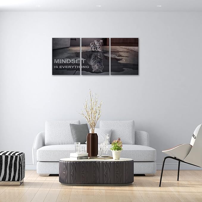 Motivational Canvas Wall Art Mindset is Everything Small Cat Big Tiger Posters Prints 3 Pieces Inspirational Quote Painting for Office Bedroom Decor (60" W x 28" H, Y-Mindset)