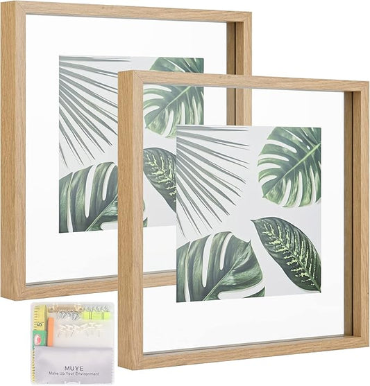 MUYE 12x12 Floating Frame Set of 2,Double Glass Rustic Square Photo Frame,Display Any Size Photo up to 12x12,Wall Mount or Tabletop Standing Natural
