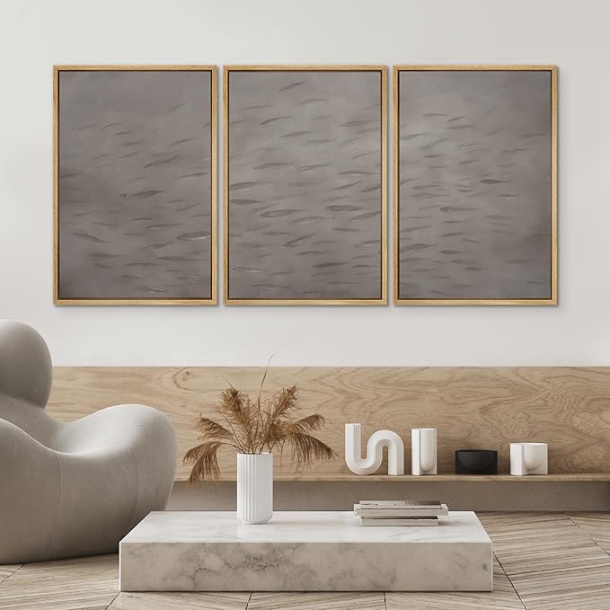 SIGNWIN Framed Canvas Print Wall Art Set Minimalist Fish Shoal Pattern Subtle Gray Underwater Illustrations Modern Art Decorative Abstract for Living Room, Bedroom, Office - 16"x24"x3 Natural