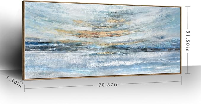 Nicetop Extra Large Framed Abstract Ocean Landscape Wall Art, Serene Sunset Painting with Natural Wooden Frame, Modern Coastal Décor for Living Room, Bedroom & Office, 71x32 Inch