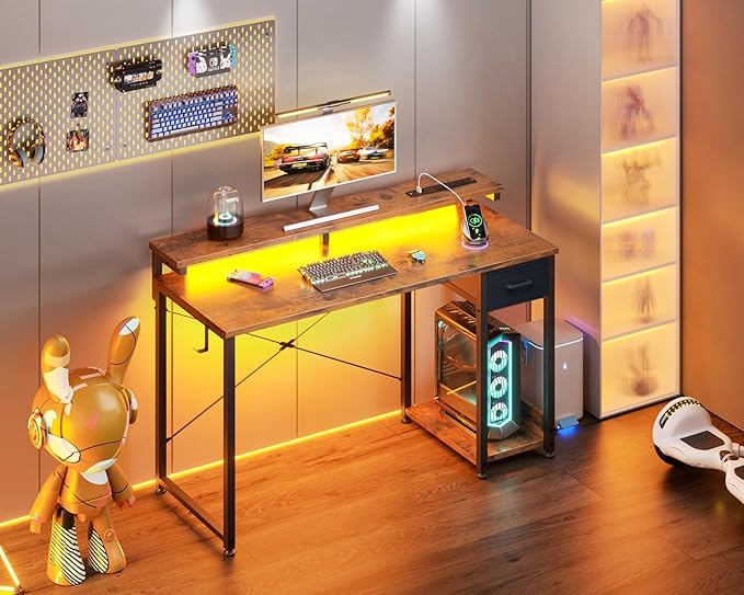 AODK Gaming Desk with LED Lights & Power Outlet, 48 Inch Computer Desk with Drawers, Reversible Small Desk with Monitor Stand & Headphone Hook for Home Office, Rustic Brown