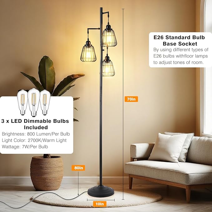 Black Dimmable 70'' Floor Lamp for Living Room Farmhouse 3-Light Tall Lamp with Bird Caged Lampshade Bedroom Floor Tree Standing Lamp (3xLED Bulb Included) - 315603BK