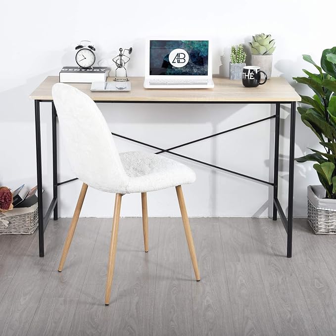 Modern Computer Desk with Light Wood Top, 47.2" x 23.6" Writing Table, Black Metal Frame with Cross Brace, Minimalist Home Office Desk for Study or Workstation or Entryway
