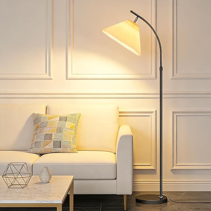 Tall Floor Lamp for Living Room Bedroom, 61"-68" Adjustable Standing Lamp with PleatedShade, Black Modern Lamp with 9W LED Dimmable 3-Color (3000K/4500K/6000K), Corner Reading Light for Office