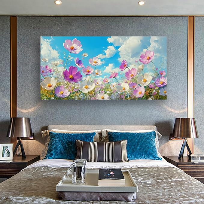 JLXART Canvas Wall Art Floral Wildflower Meadow Painting Purple and White Cosmos Flowers Picture Prints Summer Meadow Landscape Living Room Bedroom Decor 20 x 40 inches