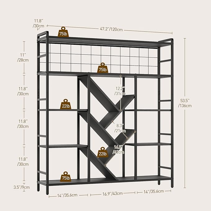 Triple 5-Tier Bookshelf, Industrial Large Wide Bookcase with 14 Open Display Shelves, Modern Tree Bookcase Metal Frame Bookshelf with Hanging Function for Living Room Home Office, Black