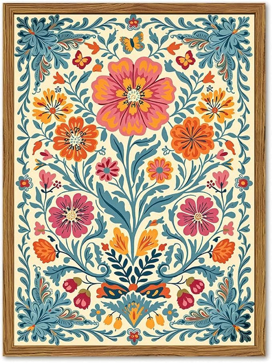 Framed Vintage Mexican Floral Canvas Wall Art, Colorful Folk Flower Wall Decor Pictures, Boho Botanical Painting Prints Rustic Home Decor for Living Room Bedroom 12x16 inch