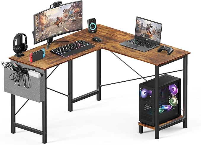 OLIXIS L Shaped Desk, 50-Inch Office Computer Gaming Desks Corner PC Table with Side Bag and Reversible Shelf for Home Work Study Writing Rustic Brown