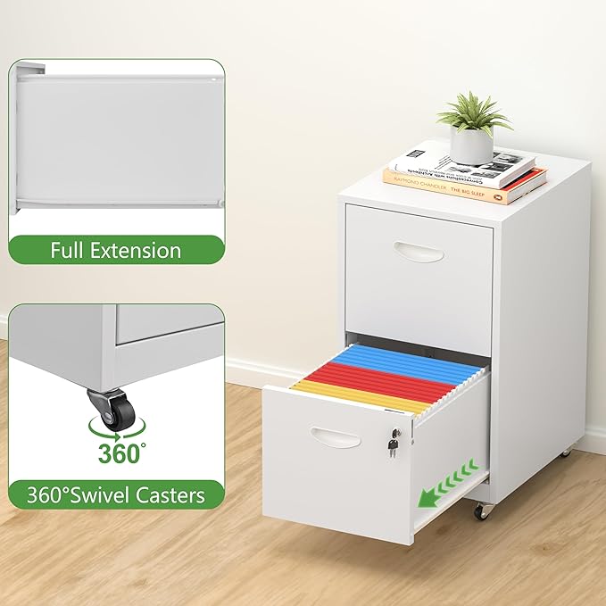 2 Drawer Rolling File Cabinet with Lock,Filing Cabinets for Home Office,Two Drawer File Cabinet, Mobile Under Desk Cabinets,Black Printer Stand with Wheels Fit Letter/A4,Assembly Required