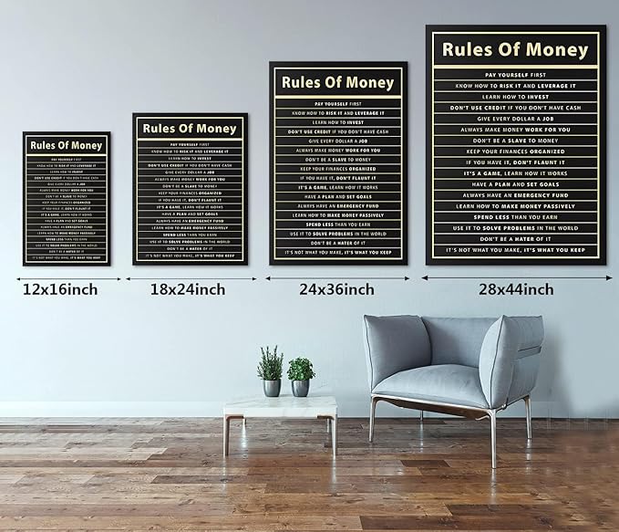 Rules Of Money Motivational Wall Art Canvas Print Office Decor Financial Poster Entrepreneur Millionaire Inspirational Quote Framed Easy to Hang-12 inch x 16 inch