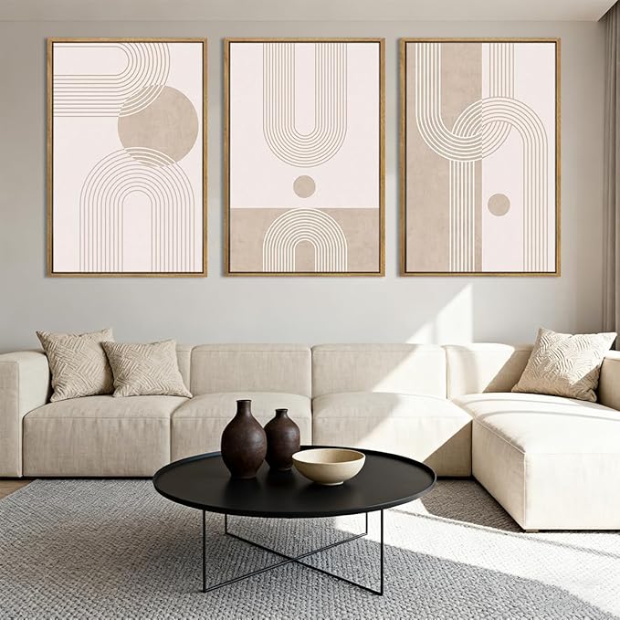 ANHUIB Neutral Boho Abstract Canvas Wall Art Set of 3 Framed Mid Century Modern Wall Decor Beige Geometric Line Artwork Minimalist Prints 16x24 Inch Painting for Living Room Bedroom Dining Room Office