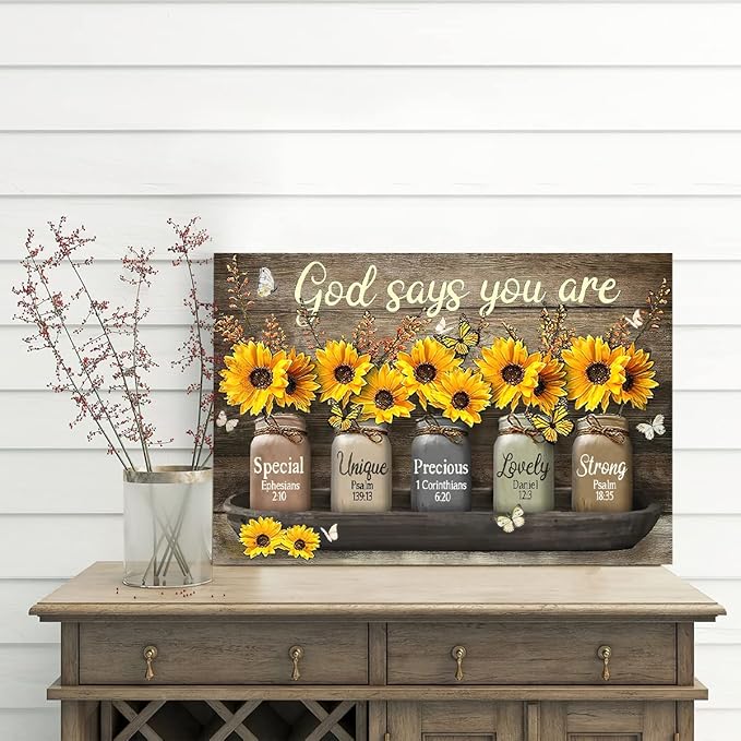 Parylore Vintage Sunflower Wall Art Canvas Christian Scripture Decor Print God Says You Are Painting Framed Modern Artwork For Living Room Bedroom Bathroom Office Home 16x24 In