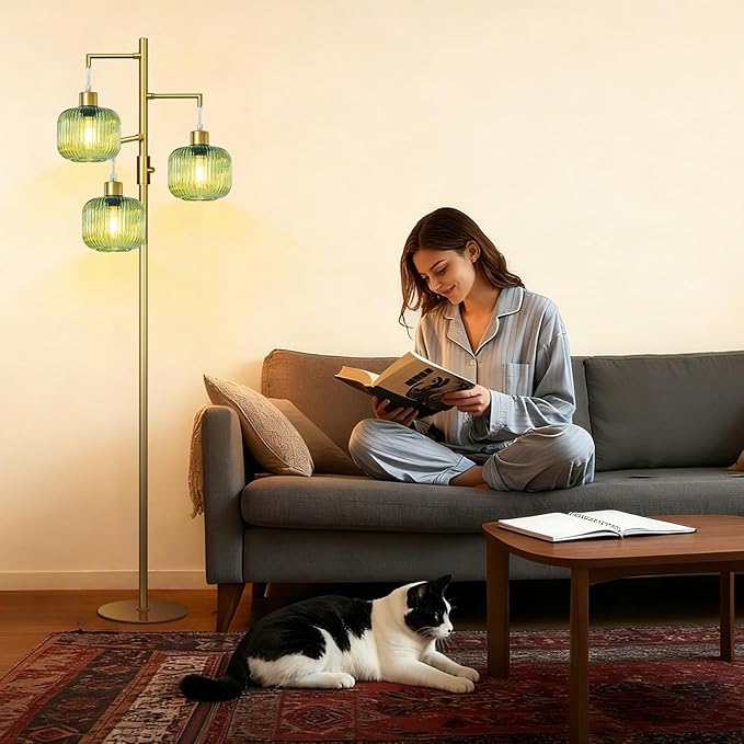 Floor Lamp for Living Room, Dimmable Standing Lamp with Green Glass Shade, Modern Gold Tall Lamps for Bedroom, 3×600LM LED Bulbs Included