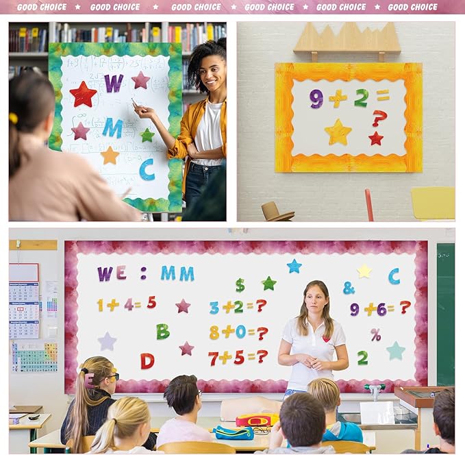 Containlol 188 Pcs Bulletin Board Borders Letters Stars Cutouts Set Include 59ft Poster Board Trims, Alphabet Letter Star Number Punctuation for Classroom(Oil Painting Color)