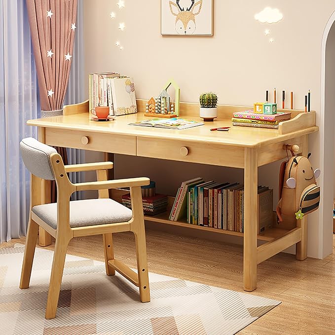Solid Wood Writing Desk with Drawer,Mid Century Home Office Desk with Hooks,Work Study Pc Table Workstation Computer Desk with Storage Shelves for Small Spaces (120x60x75cm(47x24x30inch), Wood)