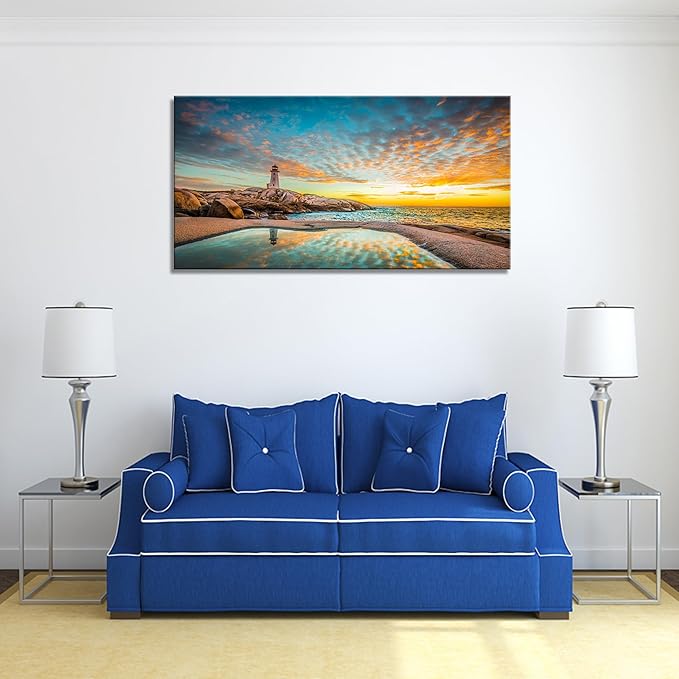 YYYYHPP YP1862 Canvas Prints Wall Art Peggy's Cove Lighthouse Sunset Ocean View Landscape Nature Pictures Stretched Canvas Wooden Framed for Living Room Bedroom and Office Wall Decor