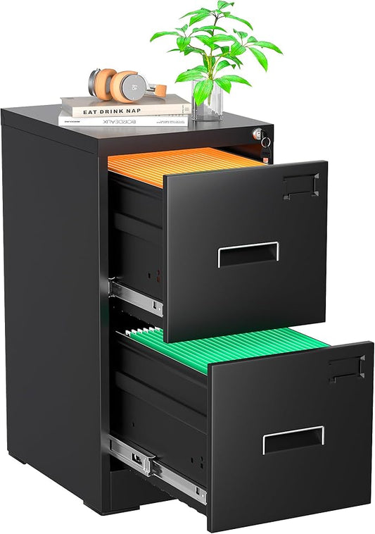 Greenvelly Metal 2 Drawer File Cabinet, Vertical File Cabinet with Lock, Locking Filing Cabinets for Home Office, Letter/Legal/A4/F4 Size/Anti-Tip (Black)