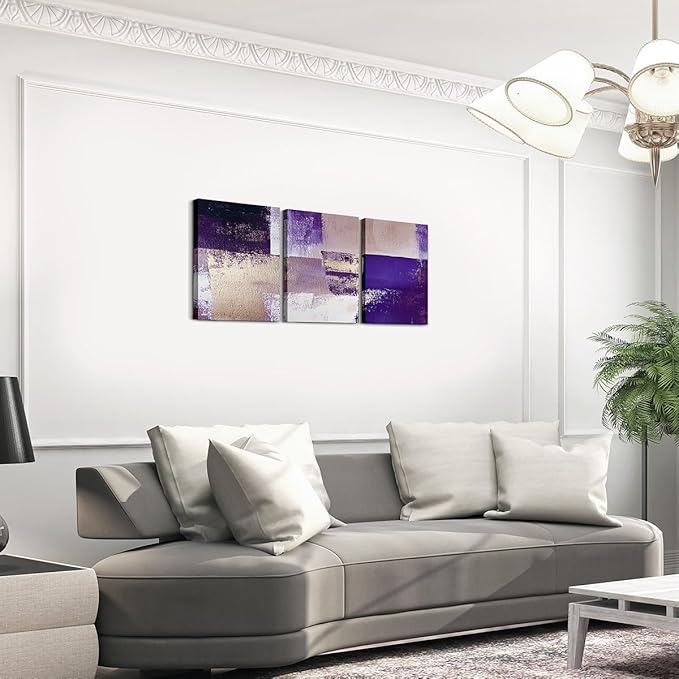 jejeloiu 12"x16"x3pcs Abstract Oil Painting Office Decorations Artwork Posters Abstract Art 3 Piece Canvas Wall Art for Living Room Bedroom Purple Modern Picture Wall Decor