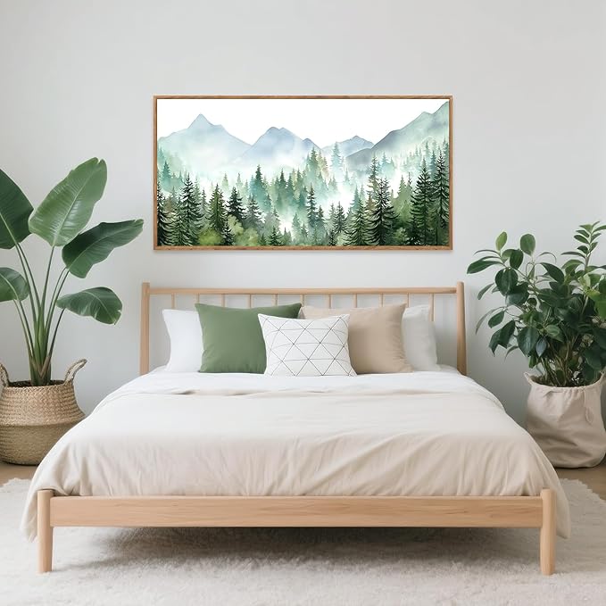 CHDITB Mountain Landscape Framed Canvas Wall Art(40"x20"), Boho Nature Forest Artwork Prints, Large Abstract Modern Green Pine Trees Art Decor for Bedroom Living Room Office