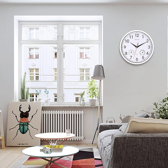 Wall Clock, Sweep Silent Movement Accurate Clocks with Temperature & Humidity, Decorative for Kitchen/Living Room/Bedroom/Office/School/Classroom (White, 10 inch)