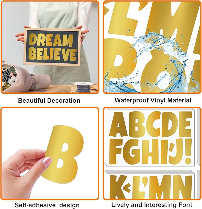 Bemeol Bulletin Board Letters 30 Sheets 3 Inch Stick on Letters Alphabet Cutout Letter for Bulletin Board Display School Classroom Home Decor(Gold)